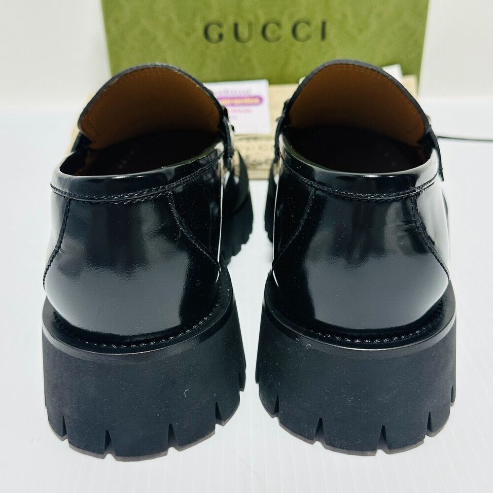 Gucci Interlocking G Chain 10.5/ US 11 Loafers Black Leather Lug Sole Shoes NIB - Picture 10 of 16